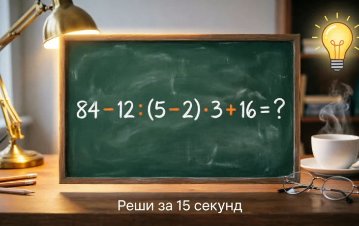 Решите математическую задачу за 15 секунд и узнайте, сколько будет 84&minus;12:(5&minus;2)&times;3 + 16