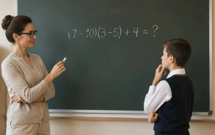 Решите пример из школьной программы за 10 секунд: (7 &minus; 10)(3 &minus; 5) + 4 = ? Большинство ошибается в знаках!