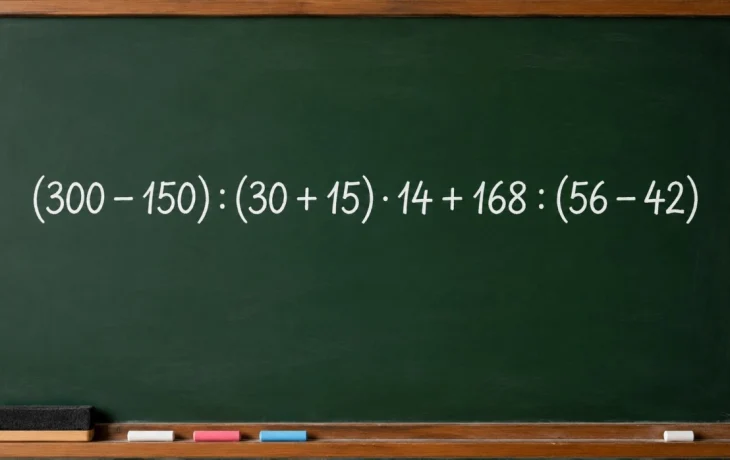 Математический челлендж: решите пример (300 &minus; 150) : (30 + 15) &middot; 14 + 168 : (56 &minus; 42)