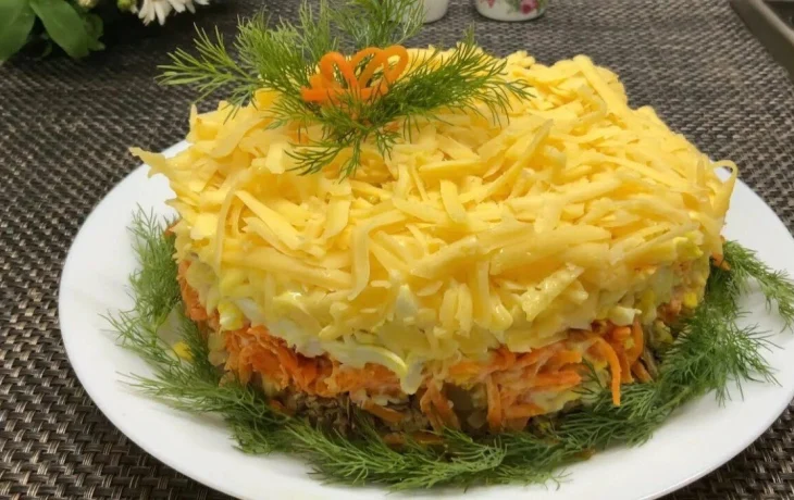 Традиционное блюдо русской кухни: слоёный салат с&nbsp;печенью&nbsp;&mdash; классический рецепт