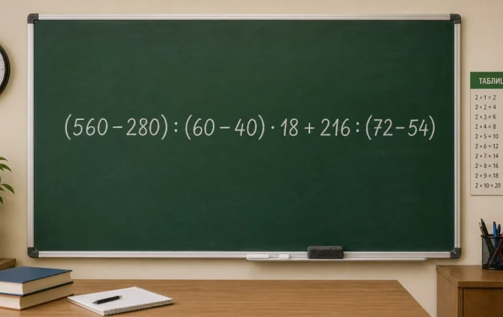 Математический челлендж: решите пример (560 &minus; 280) : (60 &minus; 40) &middot; 18 + 216 : (72 &minus; 54)