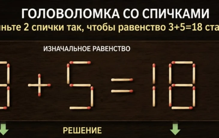 Головоломка со спичками: переложите 2 спички в 3+5=18, чтобы равенство стало верным. Справитесь за минуту?