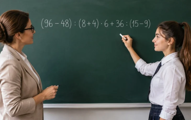 Проверьте себя: решите пример (96 &minus; 48) : (8 + 4) &middot; 6 + 36 : (15 &minus; 9) за 20 секунд!