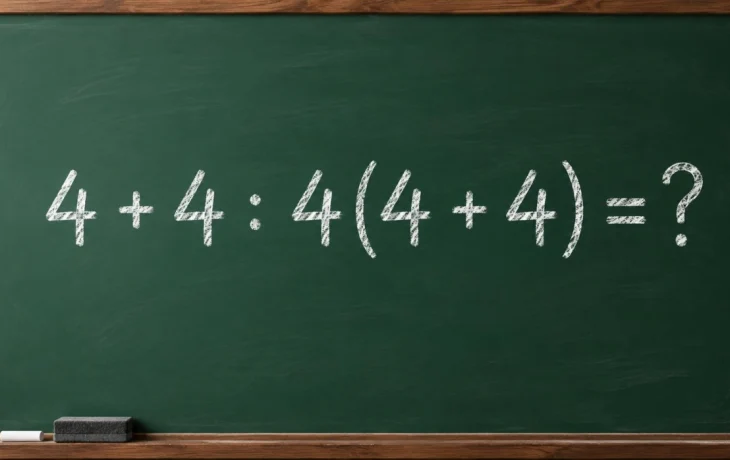 Математический челлендж: решите пример 4 + 4 : 4(4 + 4) = ?