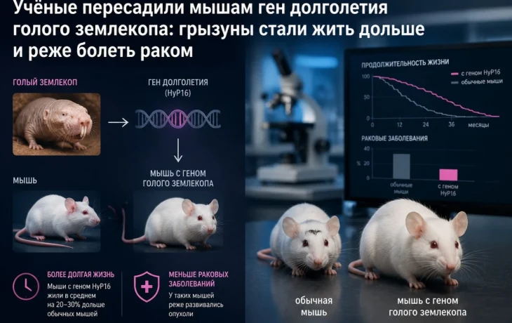 Учёные пересадили мышам ген долголетия голого землекопа: грызуны стали жить дольше и реже болеть раком