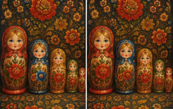 Сложный тест на внимательность: коллекция матрёшек. Найдите 3 отличия за 5 секунд!