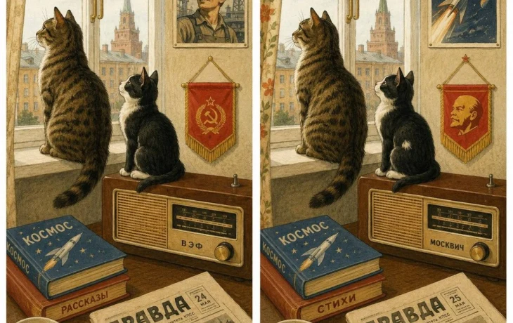 Тест на внимательность времен СССР: две кошечки ждут хозяев в советской квартире
