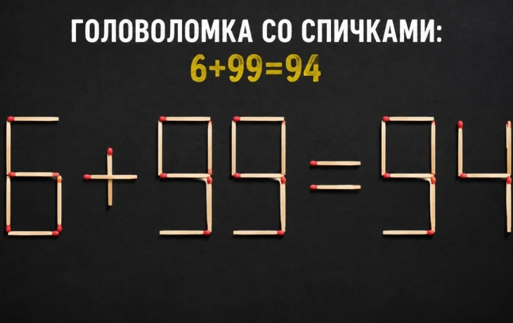 Ответ на спичечную головоломку: как исправить равенство 6 + 99 = 94, переставив одну спичку